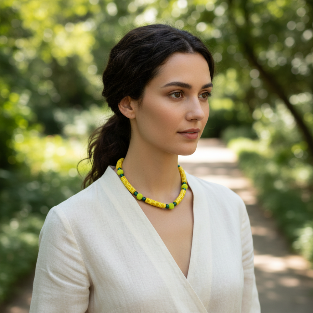 Sewgi.Art Hand Made Orta Sarı Desenli Silindir Kolye 0008